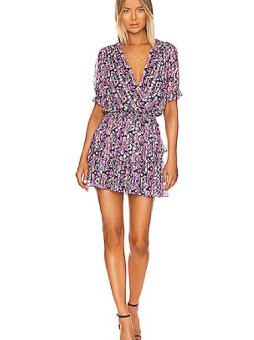 Amanda Uprichard Size M Printed Mini Dress Smocked Waist Ruffle Tiered V Neck